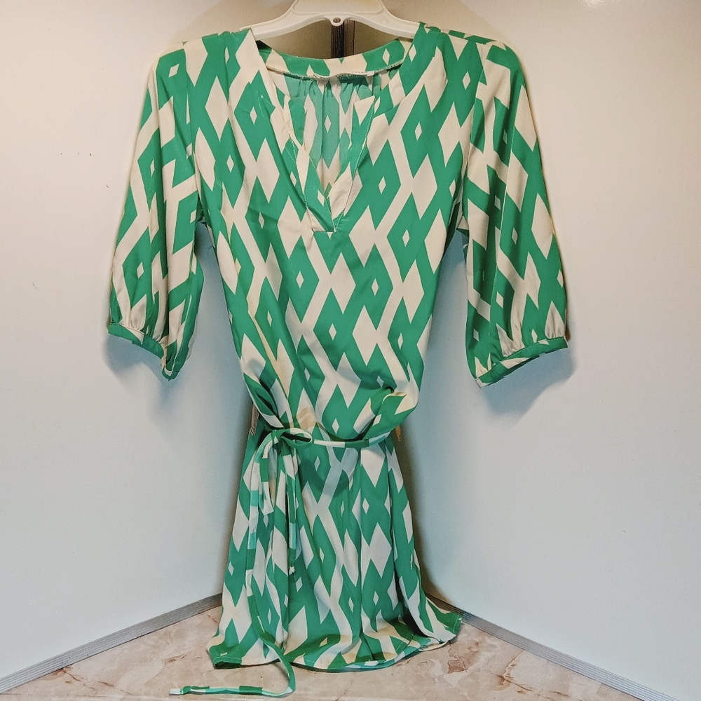 Size Small Green&Cream Mini Dress Short Balloon Sleeves Waist Tie